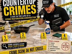 Infographic titled Countertop Crimes showing a contractor at a workbench with four labeled crime-scene steps and a 'crime scene do not cross' banner for countertop repair safety.