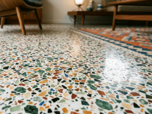 Close-up of a terrazzo floor with multicolored chips in a living room surface.